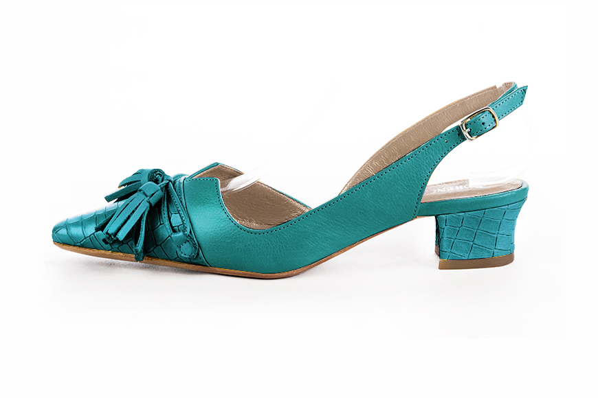 Turquoise blue women's open back shoes, with a knot. Tapered toe. Low kitten heels. Profile view - Florence KOOIJMAN